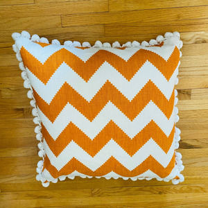 Orange Chevron Zig Zag Square Pom Pom Throw Pillow w Zippered Washable Cover